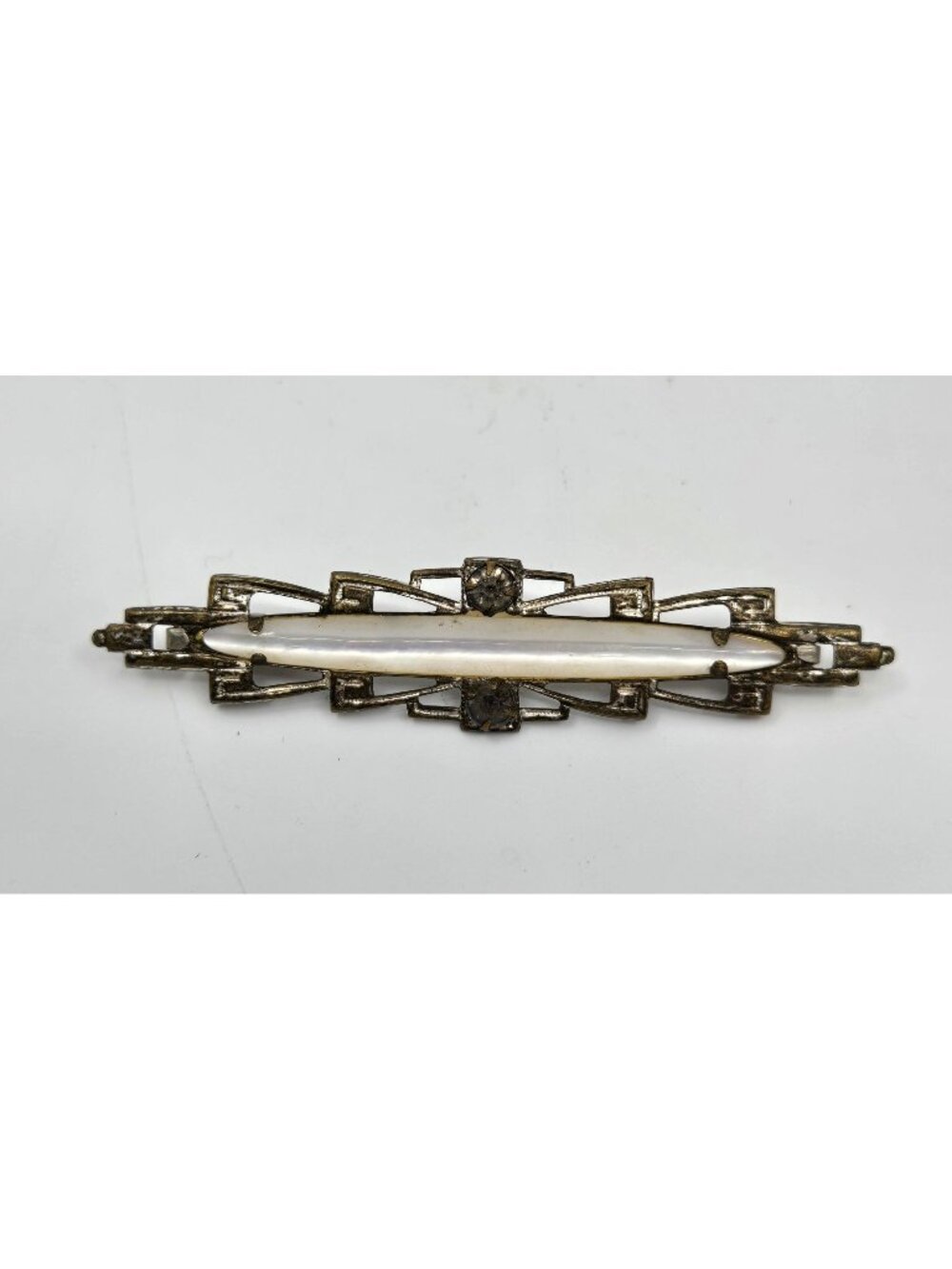Victorian Elongated Metal and Mother of Pearl Collar Brooch